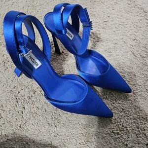 Steve Madden Satin Pointed Ankle-Strap Heels in Electric Blue